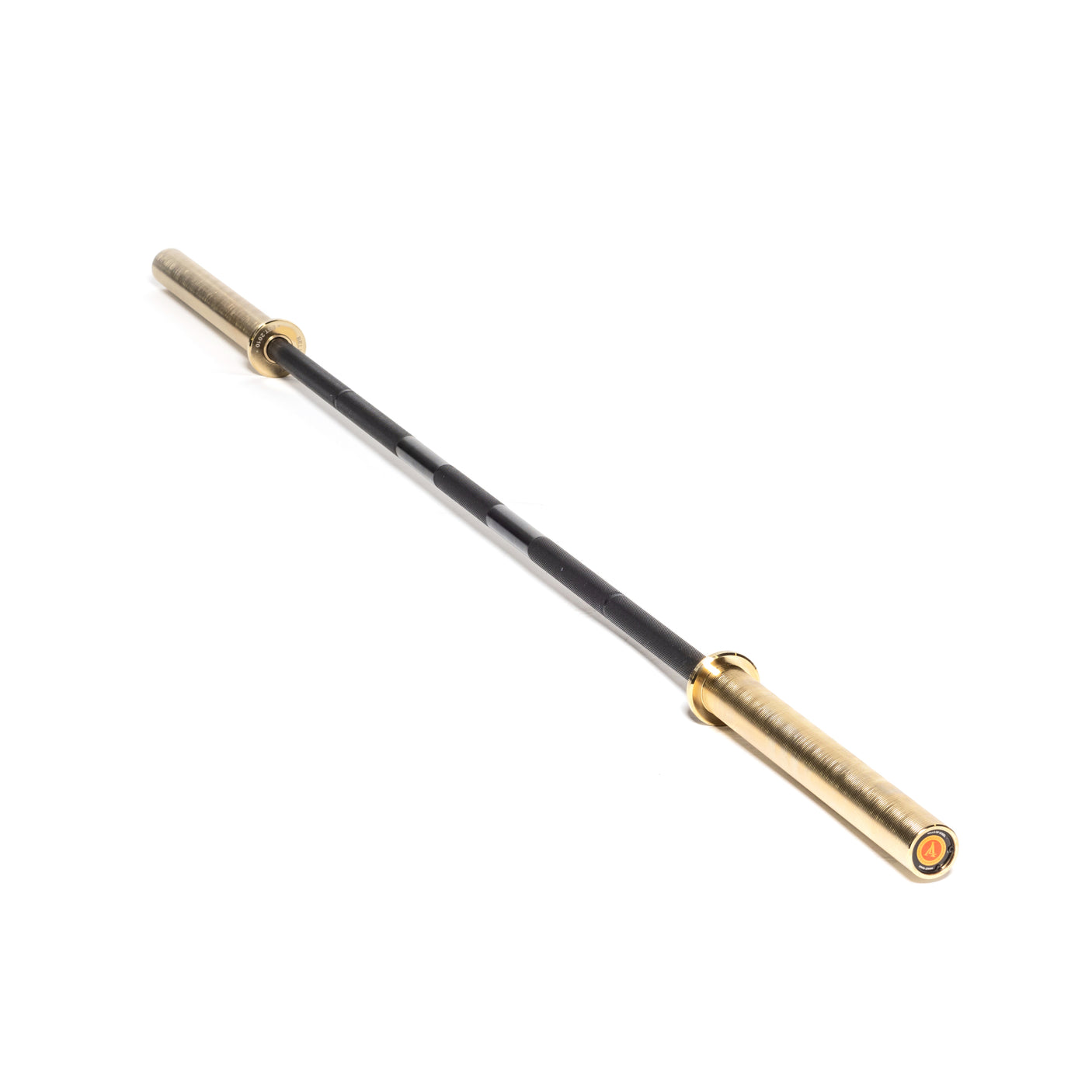 The Bells of Steel Alex Leonidas Onyx Bar, a black and gold Olympic weightlifting barbell with a Cerakote finish, is shown from a diagonal angle isolated on a white background.