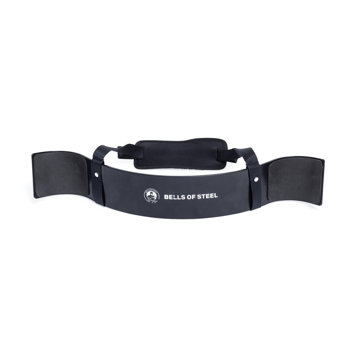 The Bells of Steel Arm Blaster is a black device with a padded neck strap and a white Bells of Steel logo on the front. It supports your arms during bicep curls, helping you maintain proper form while lifting.