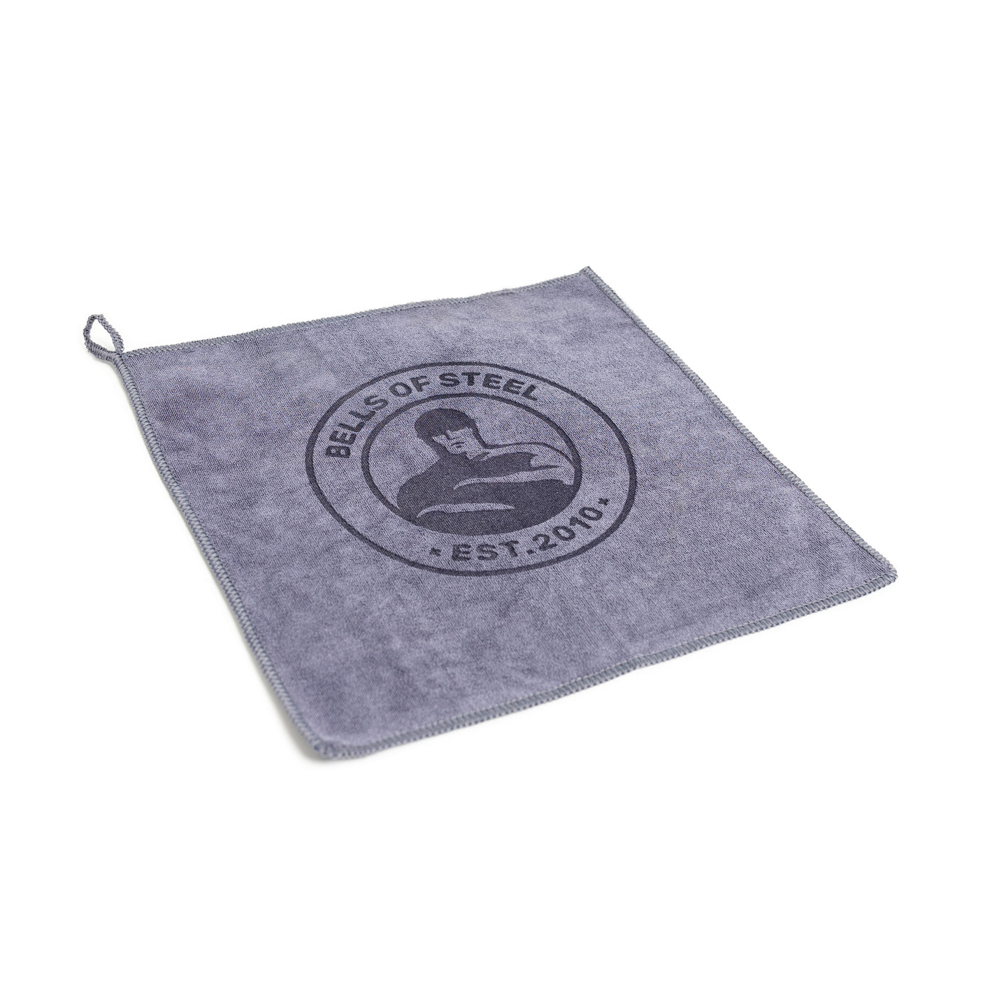 The Bells of Steel Barbell Cleaning Microfiber Towel is a gray, lint-free towel with a corner loop and "Est. 2010" plus the logo in black at the center—ideal for cleaning your barbell.