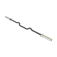An isolated image of the Bells of Steel Rackable EZ Curl Bar in black and silver with an ergonomic wavy design, ideal for bicep curls. It enhances arm development by accommodating weight plates on each end. The bar is showcased against a plain white background.