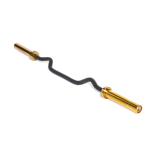 A 54.5" EZ Curl Bar by Bells of Steel, designed with a zigzag shape, black wavy grip, and golden ends for weightlifting excellence. It effectively targets biceps and triceps for arm development and is set against a white background.