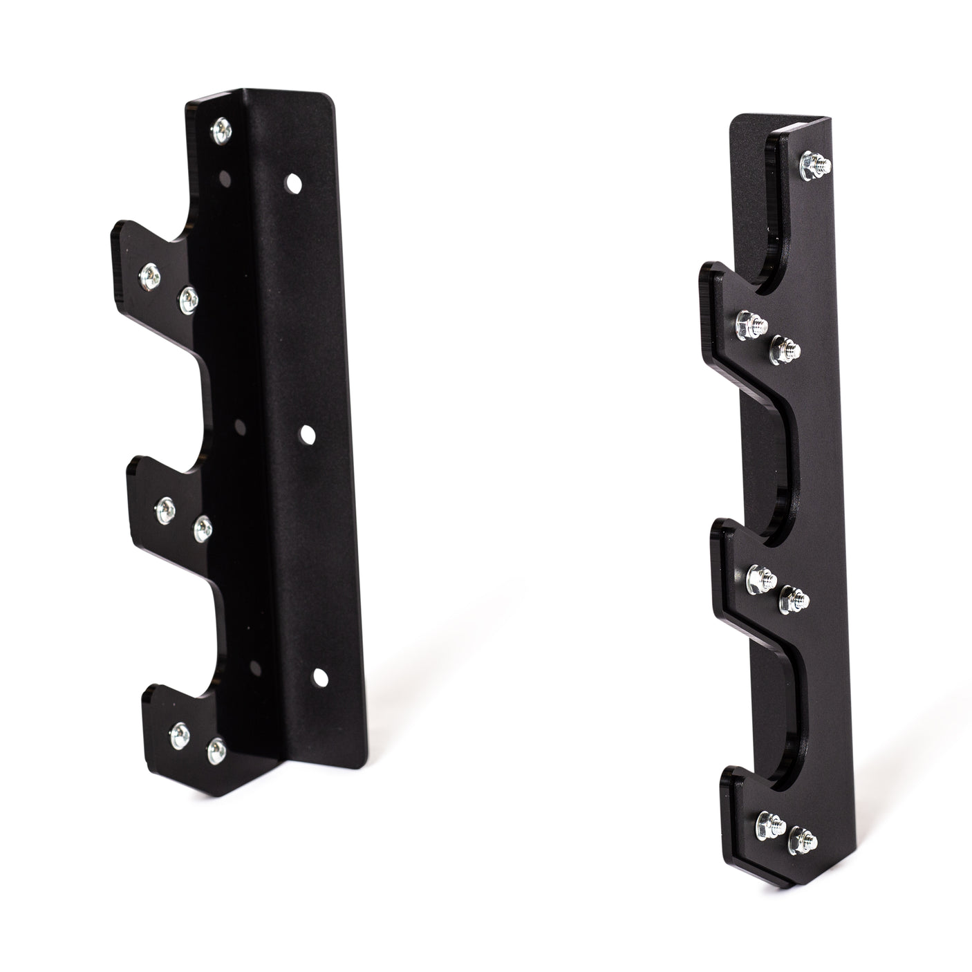 The Bells of Steel 3 Barbell Wall Rack includes two black metal brackets with multiple notched hooks and screws for secure, wall-mounted barbell storage, shown upright against a white background.