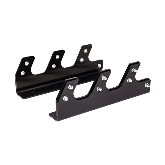 The Bells of Steel 3 Barbell Wall Rack features two black metal wall-mounted brackets with three angled slots each, secured by silver screws, offering durable and organized barbell storage.