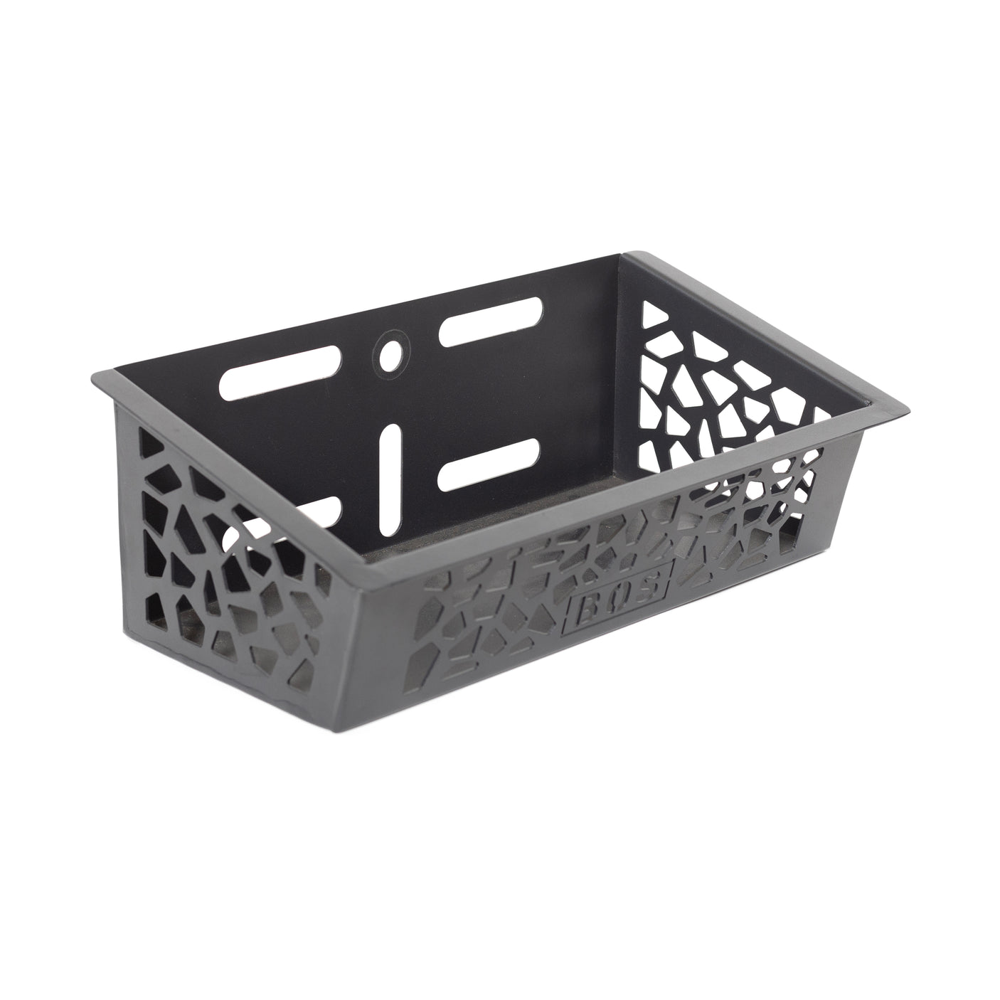 The Bells of Steel Rack Attached Storage Basket features black plastic construction with geometric cutouts and mounting holes—ideal for organizing fitness accessories or gym gear and easily mounts to your rack for efficient storage.