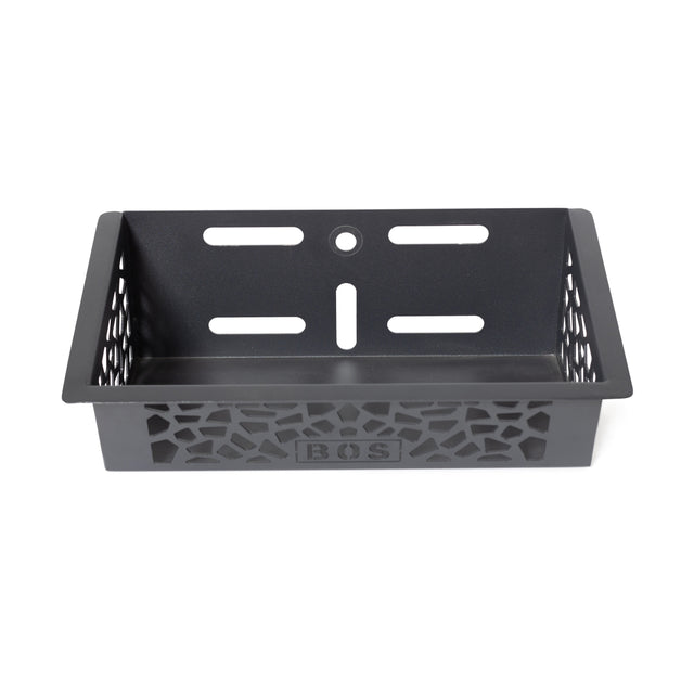 The Bells of Steel Rack Attached Storage Basket is a black, rectangular plastic organizer with slotted drainage holes, vented sides, and "BOS" embossed on one side—perfect for storing your gym accessories.