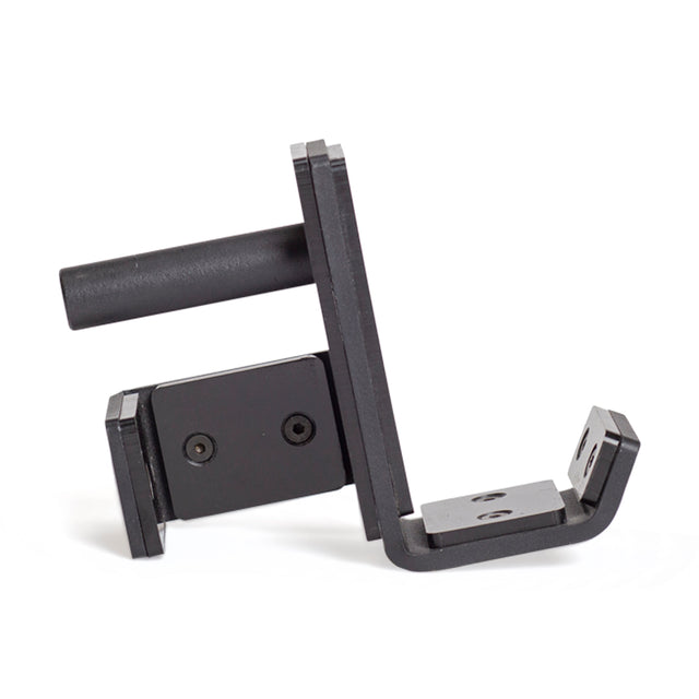 The Bells of Steel Standard J-Cups are black metal L-shaped brackets with a cylindrical rod and mounting holes, designed for attaching or supporting components on a power rack.