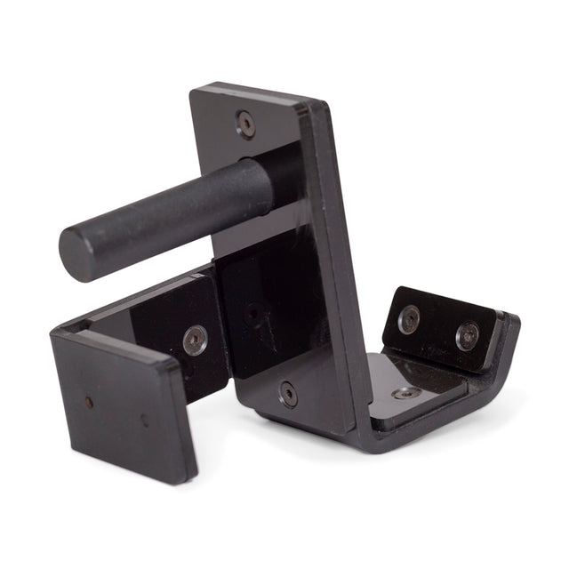 The Bells of Steel Standard J-Cups are black metal wall mount brackets with a horizontal rod and two side panels, designed to hold equipment and featuring UHMW protection like that found on premium power rack J-Cups.