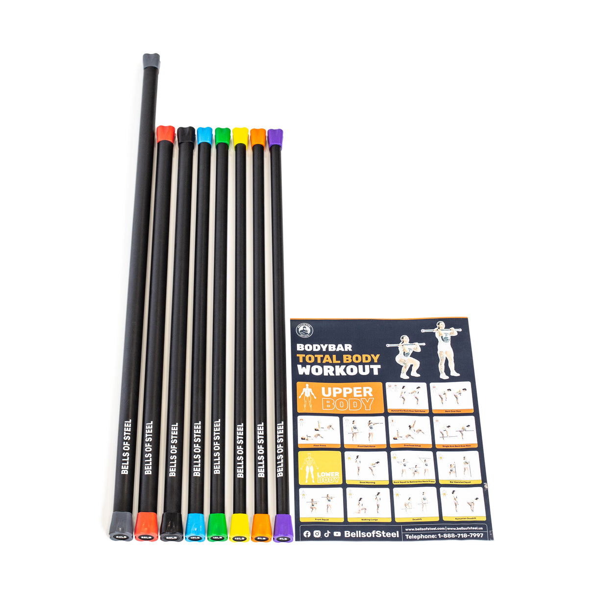 A set of eight black Weighted Workout Body Bars by Bells of Steel, with color-coded ends, is arranged next to a Total Body Workout chart. This essential gear includes illustrated exercises for strength training, targeting the upper body.