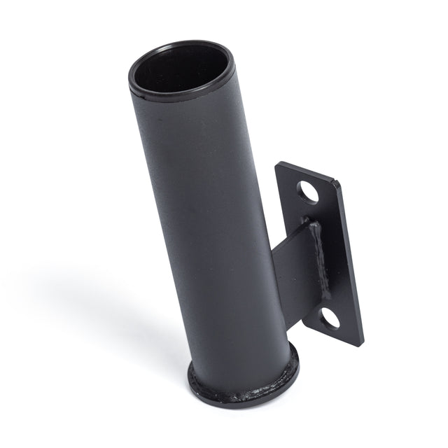 The Bells of Steel Vertical Mount Barbell Holder Rack Attachment is a black metal holder with a cylindrical tube angled upward, welded to a flat plate with two screw holes for efficient barbell storage and rack organization. White background.