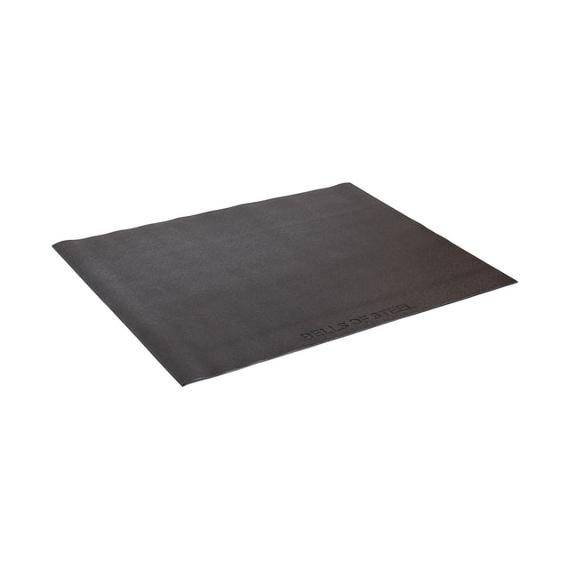 A large, flat, black Cardio Machine Floor Mat by Bells of Steel features a subtle textured surface and "BELLS OF STEEL" embossed in one corner, shown against a white background.