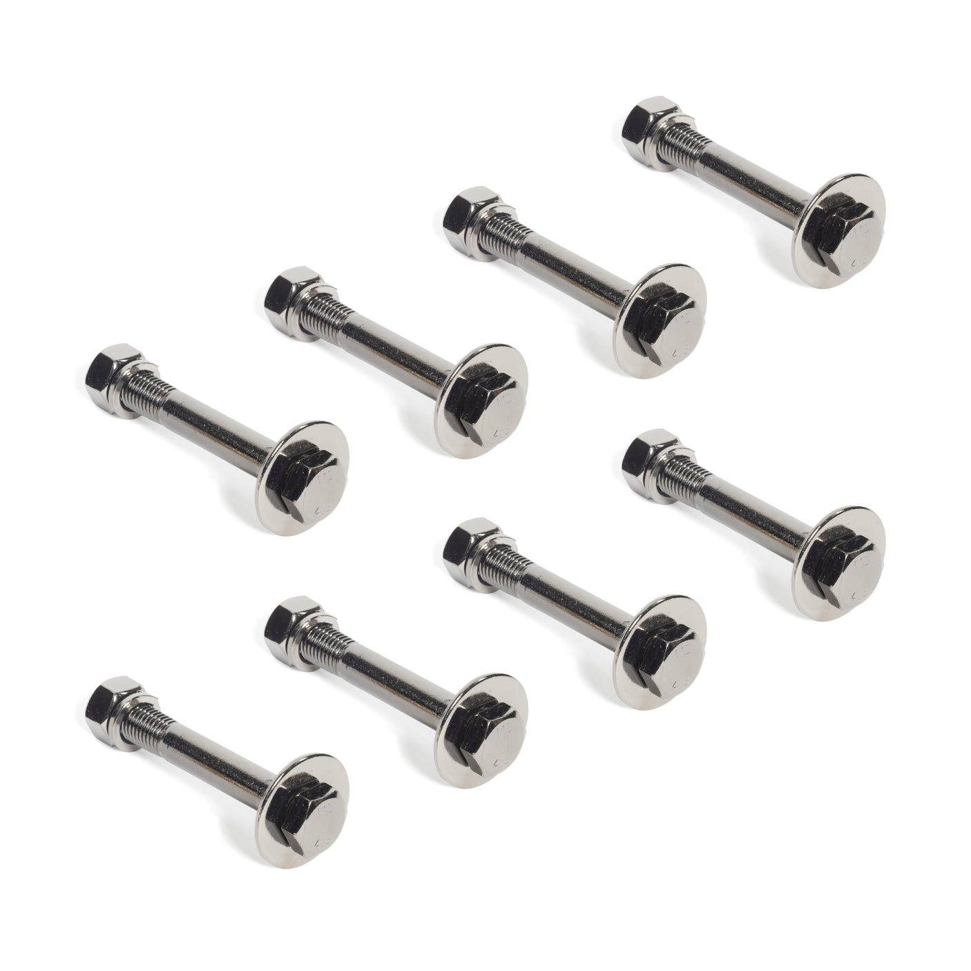 Seven Gold / Black Titanized Bolts for Hydra by Bells of Steel with hex nuts and round, flat heads are arranged on a white background in two rows—four bolts on top and three below.