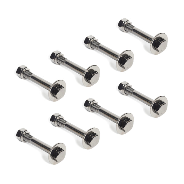 Seven Gold / Black Titanized Bolts for Hydra by Bells of Steel, each with round, flat heads and matching nuts, are arranged diagonally on a white background.