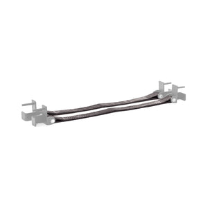 Two black braided Safety Straps for Hydra & Manticore Racks by Bells of Steel, with metal connectors and gray mounting brackets, provide reliable rack protection, shown isolated on a white background.