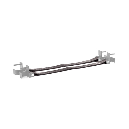 Two black braided Safety Straps for Hydra & Manticore Racks by Bells of Steel, with metal connectors and gray mounting brackets, provide reliable rack protection, shown isolated on a white background.
