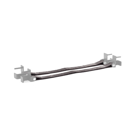 Two black braided Safety Straps for Hydra & Manticore Racks by Bells of Steel, with metal connectors and gray mounting brackets, provide reliable rack protection, shown isolated on a white background.