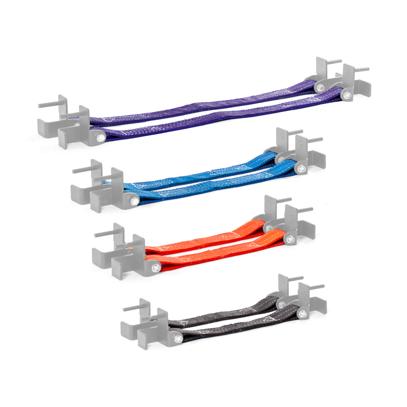 Four Safety Straps for Hydra & Manticore Racks by Bells of Steel, in purple, blue, orange, and black, are arranged by size on a white background—combining style with protection for your setup.