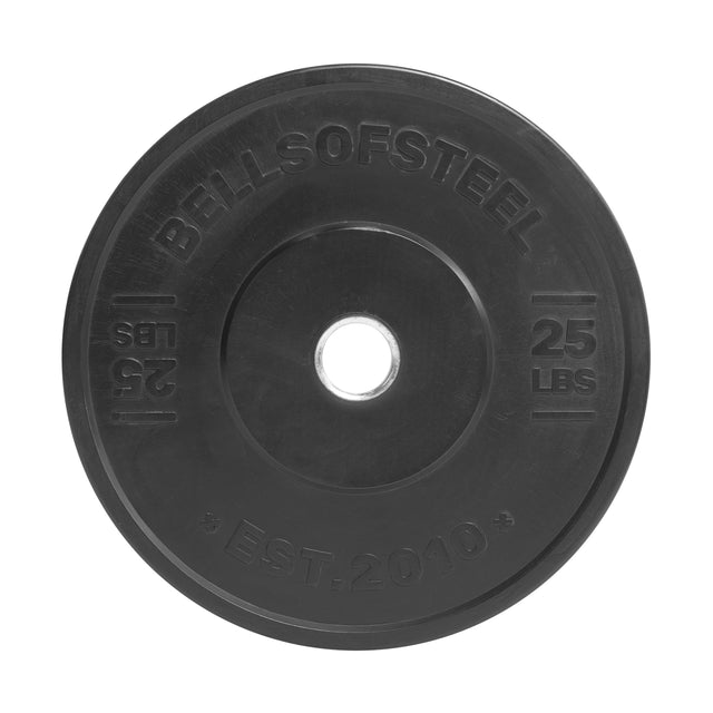 The Bells of Steel All-Black Bumper Plate features "BELLSOFSTEEL," "25 LBS," and "* EST. 2010 *" engravings, medium-bounce rubber, a stainless steel insert ring, and a central hole for barbell mounting.