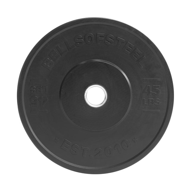 The Bells of Steel All-Black Bumper Plate features a "45 LBS" label, "BELLSOFSTEEL" branding, a center hole, and "EST. 2010" etched on the edge—perfect for safe weightlifting during intense workouts.