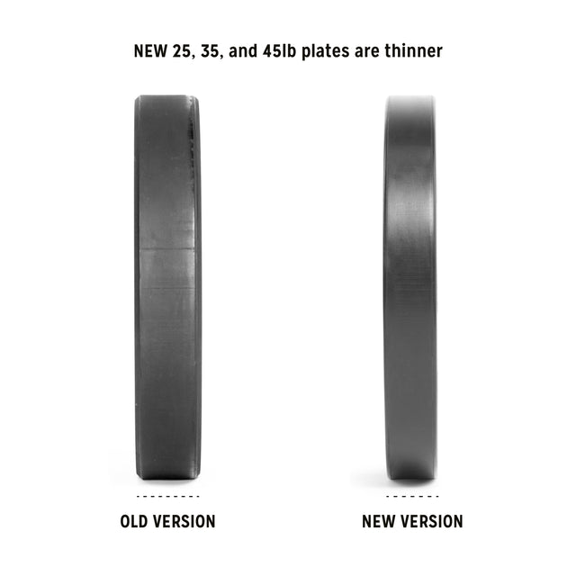 Two Bells of Steel All-Black Bumper Plates stand upright side by side; the "Old Version" plate on the left is thicker than the slimmer "New Version" on the right, showcasing improved weightlifting safety.