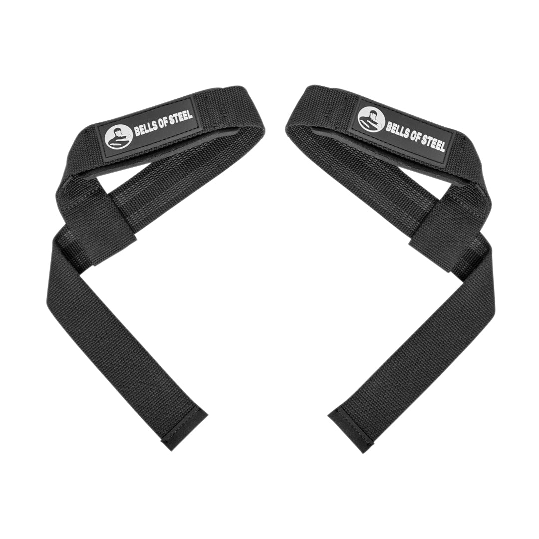Bells of Steel Lifting Straps—black, featuring mirrored "BELLS OF STEEL" logos—are designed to boost grip strength during strength training.
