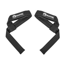 Bells of Steel Lifting Straps—black, featuring mirrored "BELLS OF STEEL" logos—are designed to boost grip strength during strength training.