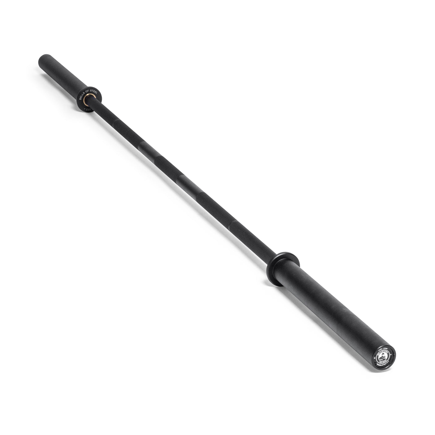 The Bells of Steel Powerlifting Bar is a black Olympic-style barbell with a knurled grip and rotating sleeves, pictured on a white background—an ideal bare steel power bar for those seeking quality on a budget.