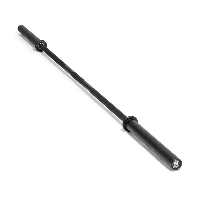 The Bells of Steel Powerlifting Bar is a black Olympic-style barbell with a knurled grip and rotating sleeves, pictured on a white background—an ideal bare steel power bar for those seeking quality on a budget.