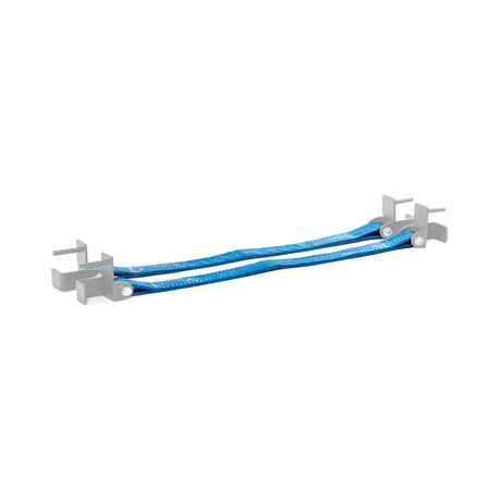 The Bells of Steel Safety Straps for Hydra & Manticore Racks are durable blue flat webbing slings with metal hooks on each end, designed for secure lifting and rigging in rack setups.