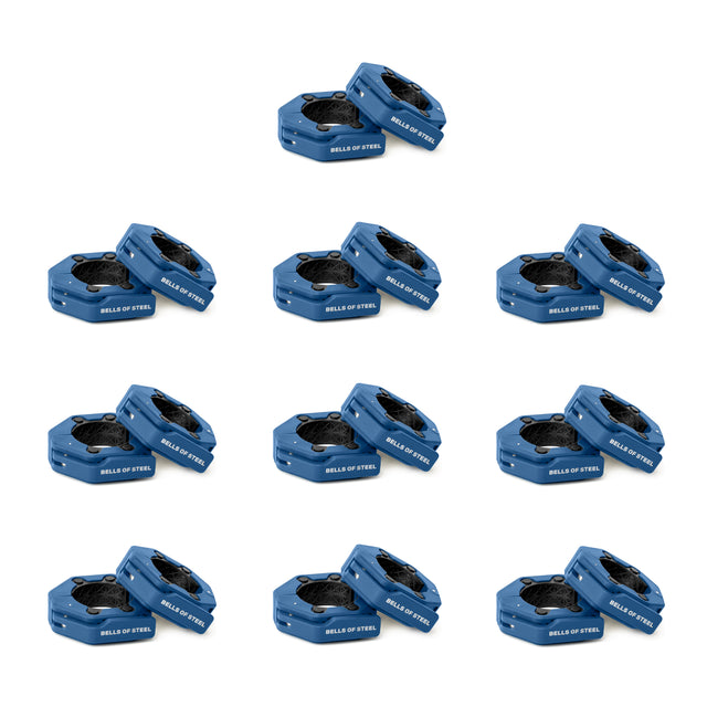 Twelve pairs of blue Bells of Steel Magnetic Clamp Collars are stacked together in a 4x3 grid on a white background, compatible with barbell and weight plate collars for secure lifting. Each collar is labeled "BELLS OF STEEL.
