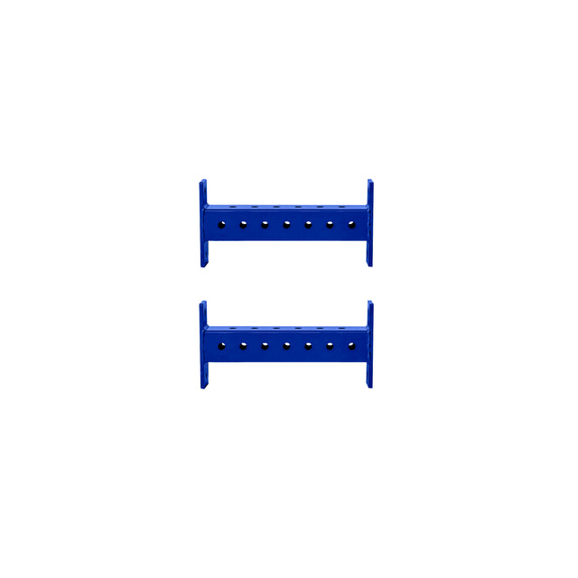 Two Bells of Steel Hydra Crossmembers, horizontal blue metal brackets with evenly spaced circular holes, are aligned parallel to each other against a plain white background.