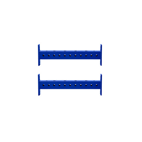 Two blue metal Hydra Crossmembers by Bells of Steel, featuring multiple evenly spaced holes, are positioned parallel on a white background—ideal for securing 3x3 rack attachments in power racks.