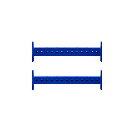 Two blue Hydra Crossmembers by Bells of Steel, featuring evenly spaced holes, are positioned parallel to each other against a white background.