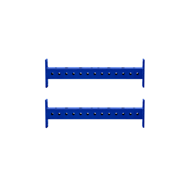 Two blue Hydra Crossmembers by Bells of Steel, featuring evenly spaced holes, are positioned parallel to each other against a white background.