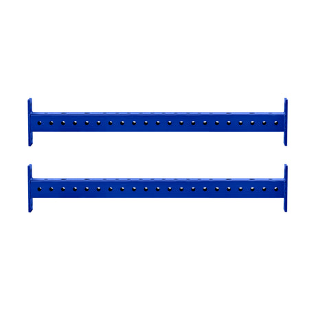 Two horizontal blue Hydra Crossmembers by Bells of Steel, made of metal with evenly spaced holes, are positioned parallel to each other on a white background.
