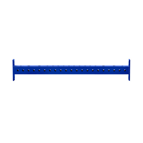 The Bells of Steel Hydra Crossmembers, a blue horizontal metal beam with flat rectangular ends and evenly spaced holes, is ideal for 3x3 rack attachments or power rack crossmembers. Isolated on a white background.