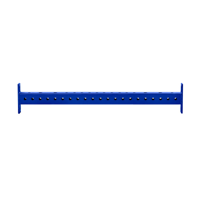 The Bells of Steel Hydra Crossmembers, a blue horizontal metal beam with flat rectangular ends and evenly spaced holes, is ideal for 3x3 rack attachments or power rack crossmembers. Isolated on a white background.