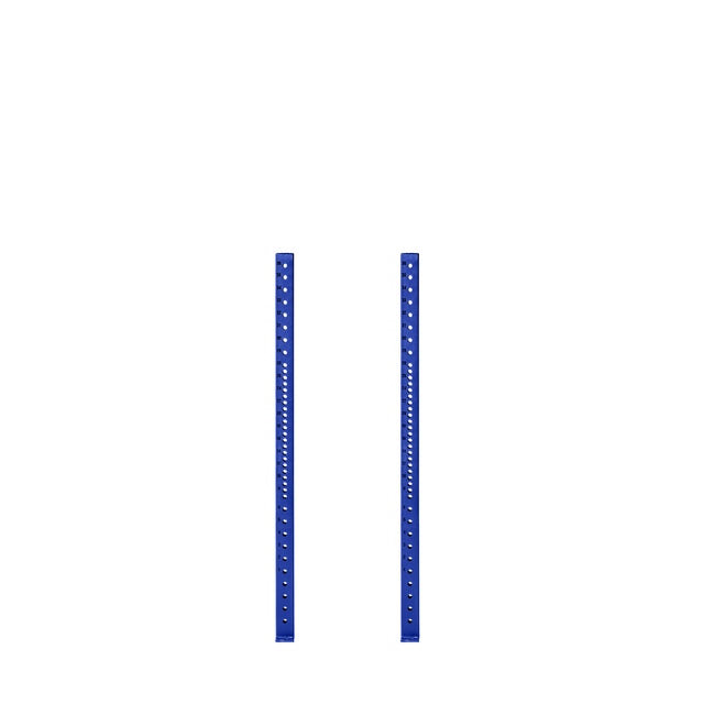 On a white background, two Hydra Vertical Uprights by Bells of Steel stand parallel in blue metal, each featuring evenly spaced holes for adjustable shelving or Hydra Rack attachments.