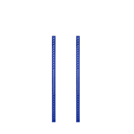 Two vertical blue metal Hydra Vertical Uprights from Bells of Steel, featuring evenly spaced holes for customized rack attachments, stand against a plain white background.