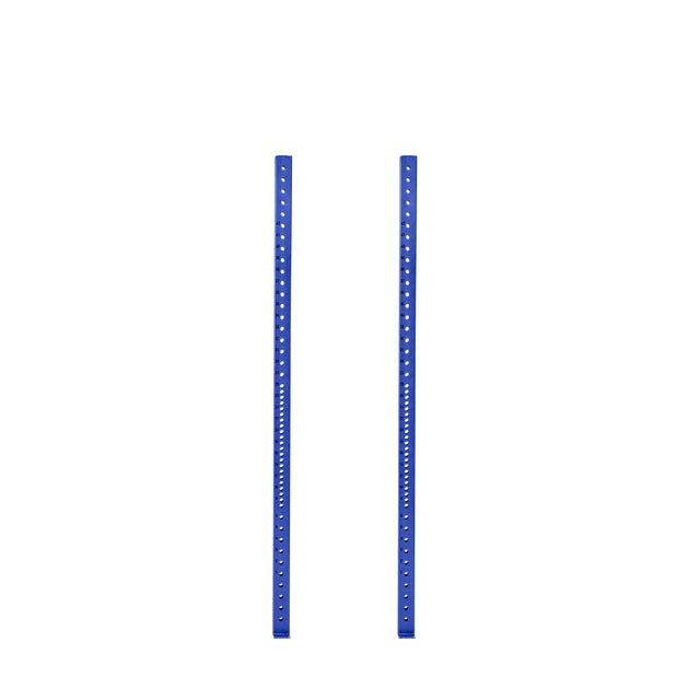 The Hydra Vertical Uprights by Bells of Steel are two blue metal bars with evenly spaced holes, positioned side by side against a white background.