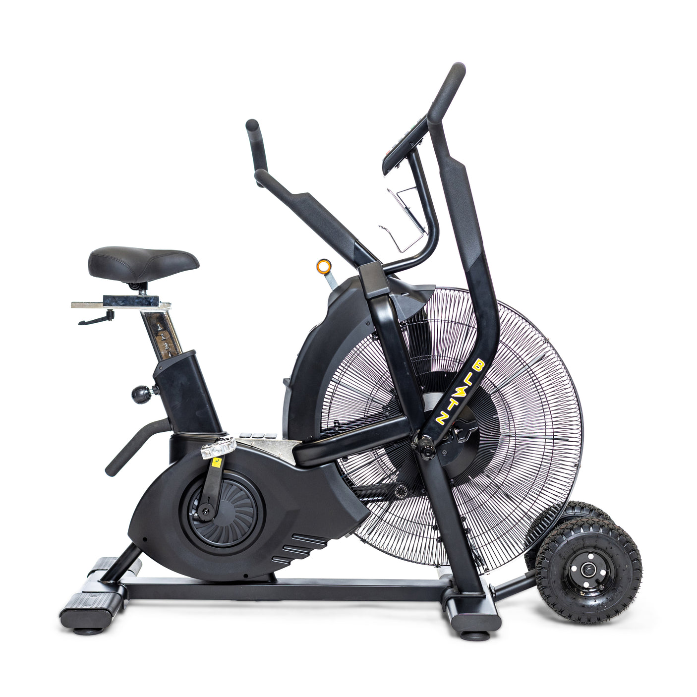 The Bells of Steel Blitz Max Air Bike, featuring a large front fan, dual handlebars, adjustable seat, and rear transport wheels, stands against a white background—ideal for commercial fitness settings.