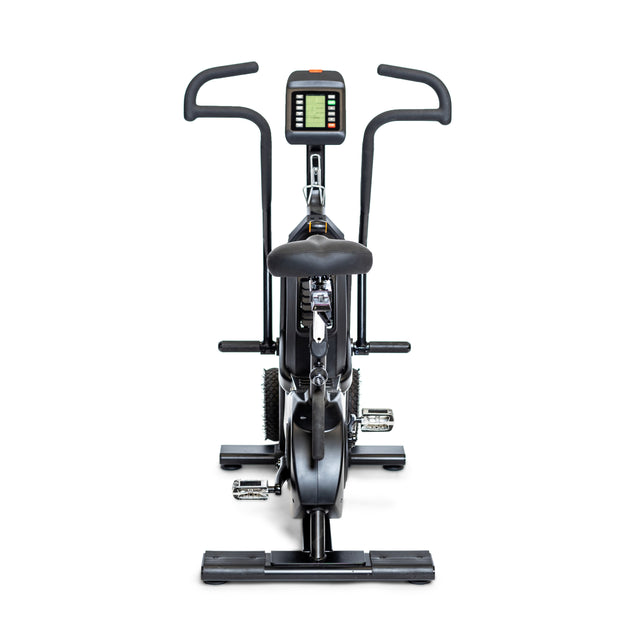 Front view of the Bells of Steel Blitz Max Air Bike, a commercial fitness machine with handlebars, digital display, pedals, and cushioned seat, displayed against a white background.