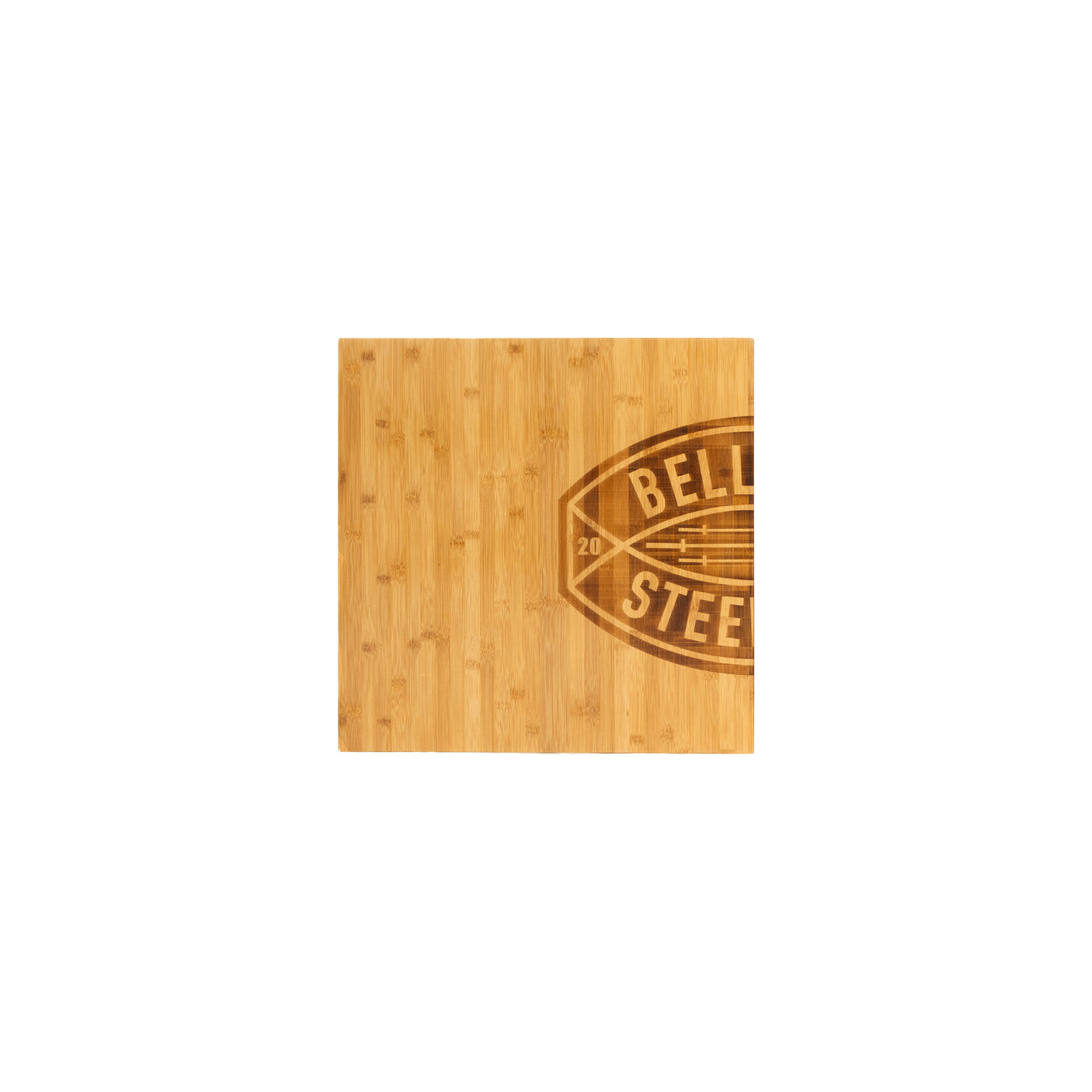 The Deadlift Platform Bamboo Insert (Left) by Bells of Steel is a square cutting board with a partial "BELL STEE" logo on the right side, showcased on a white background and designed for seamless use with modular platforms.