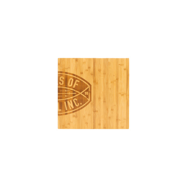 The Deadlift Platform Bamboo Insert (Right) by Bells of Steel is a square bamboo piece with a partial circular logo and stylized text. Its elegant wood grain makes it versatile for use as a cutting board or modular platform, set against a plain white background.