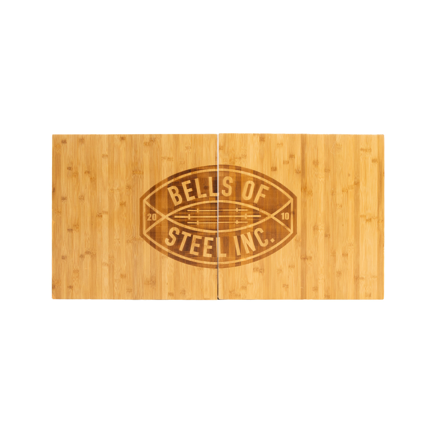 Two rectangular Deadlift Platform Bamboo Inserts by Bells of Steel, engraved with the company logo in the center, form a football shape—perfect as a durable bamboo insert for your lifting platform.