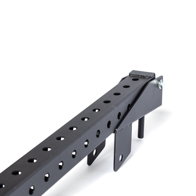Close-up of a Bells of Steel black metal Belt Squat / Lever Arms Rack Attachment. The beam extends horizontally with multiple holes and features steel brackets and bolts for secure positioning. It's ideal for any home gym setup, set against a plain white background.