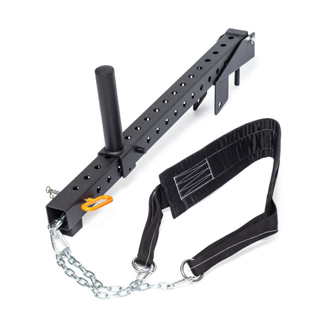 The Bells of Steel Belt Squat / Lever Arms Rack Attachment features a black padded strap, chain, and orange carabiner for squat exercises. Its adjustable metal frame with evenly spaced holes is perfect for home gyms, blending sleek design with functionality.
