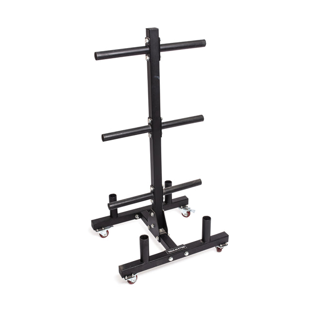 The Bells of Steel Bumper Plate Weight Tree and Bar Holder features black metal construction, horizontal bar storage, four upright base pegs, and red-wheeled casters for easy mobility—an efficient solution for gym plate organization.
