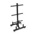 The Bells of Steel Bumper Plate Weight Tree and Bar Holder features black metal construction, horizontal bar storage, four upright base pegs, and red-wheeled casters for easy mobility—an efficient solution for gym plate organization.