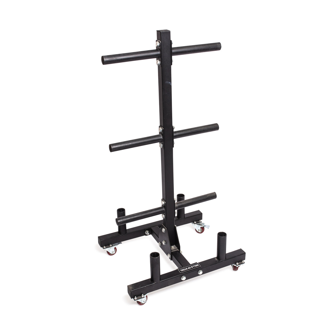 The Bells of Steel Bumper Plate Weight Tree and Bar Holder features black metal construction, horizontal bar storage, four upright base pegs, and red-wheeled casters for easy mobility—an efficient solution for gym plate organization.