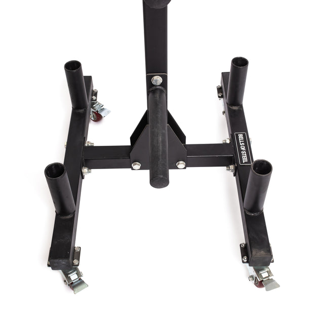 The Bells of Steel Bumper Plate Weight Tree and Bar Holder features four upright posts, caster wheels, a central support bar, and visible branding—making it the perfect weight plate storage solution for any gym.